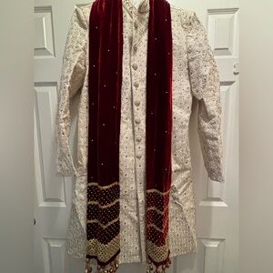 Cream Embroidered Sherwani with Red Velvet Scarf